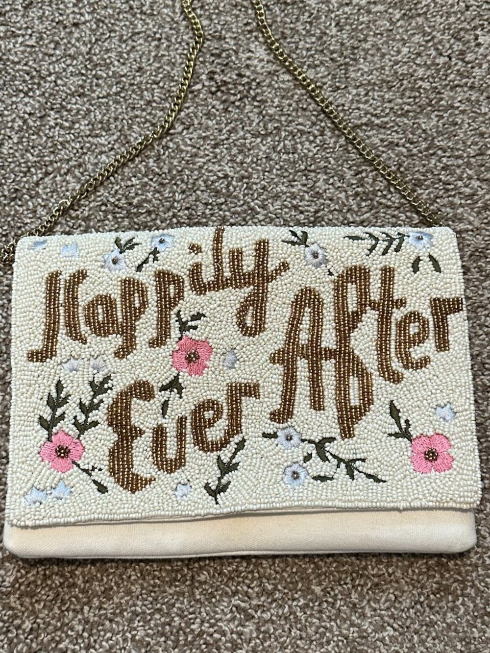 Happily Ever After Beaded Bridal Clutch Purse White Chain Strap Wedding